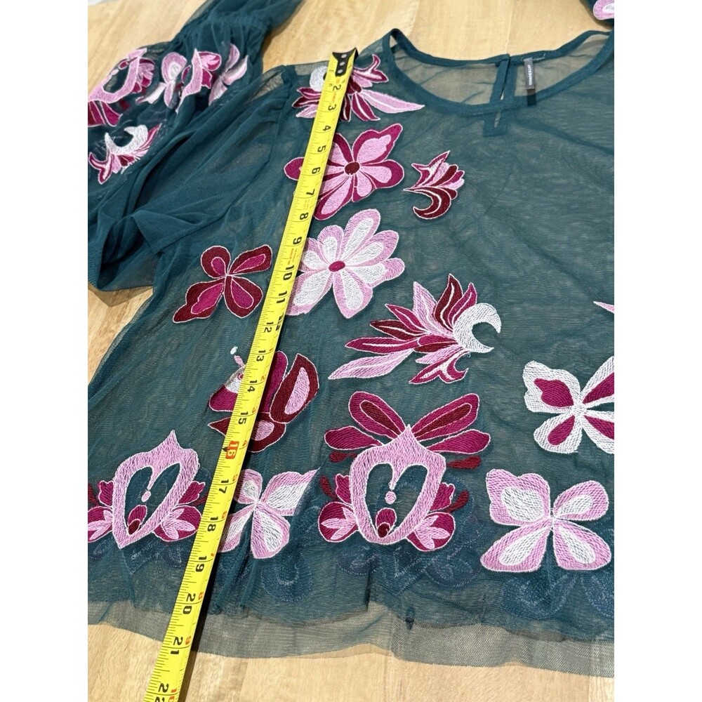 Anthropologie Women’s Sz M The Layla Long Sleeve Applique Mesh Blouse in Green - Picture 6 of 13
